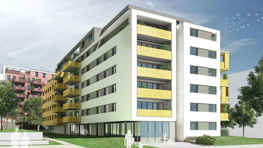 10_Viola_Park_BPL_3_Blick_grünes_Band Visualisierung des Wohnprojekts Viola Park, Bauplatz 3, des Bauträgers AEAG im 10. Bezirk, mit Blick auf das grüne Band