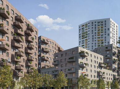 Visualisierung eines Wohnprojekts mit privaten Freiflächen