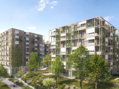 Süd-Perspektive der Visualisierung des Wohnprojekts Kurbadstraße BAG 5 des Bauträgers Gartenheim im 19. Bezirk - Gebäude mit Holz verkleidet und begrünt