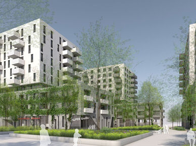 Visualisierung eines Wohnprojekts mit weißer Fassade, Grünflächen und Supergreißler