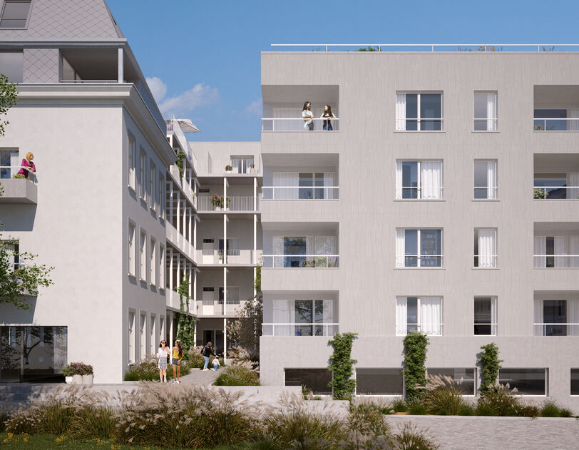 Visualisierung eines Hauses moderner Bauart mit Flachdach und Balkonen. Gepflasterter und begrünter Innenhof